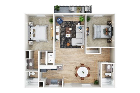 A top-down view of a house layout with a living room, kitchen, dining area, and bathroom.